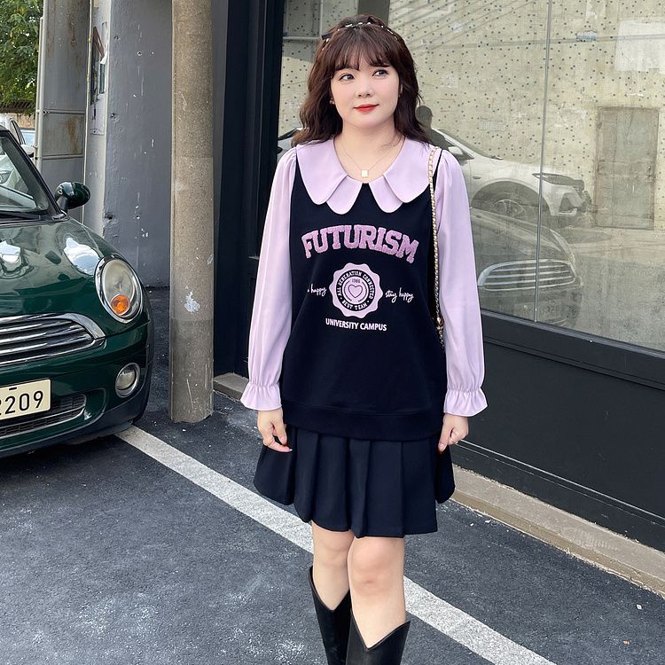 胖mm大码女装秋新款甜美温柔娃娃领假两件卫衣藏肉设计感显瘦上衣