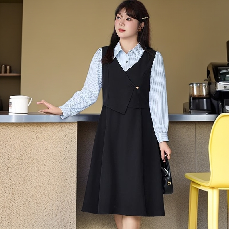 秋季新款条纹拼接马甲春季假两件连衣裙大码胖MM显瘦洋气质长裙