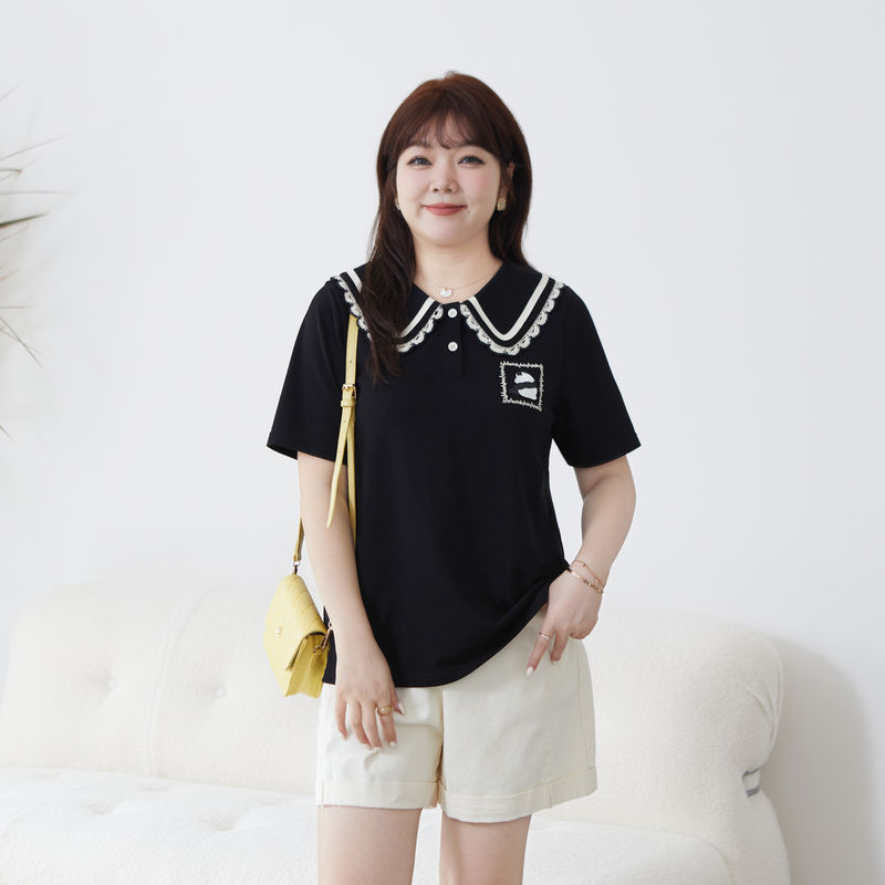 胖mm大码女装夏季新款翻领正肩宽松短袖t恤藏肉显瘦甜美刺绣上衣