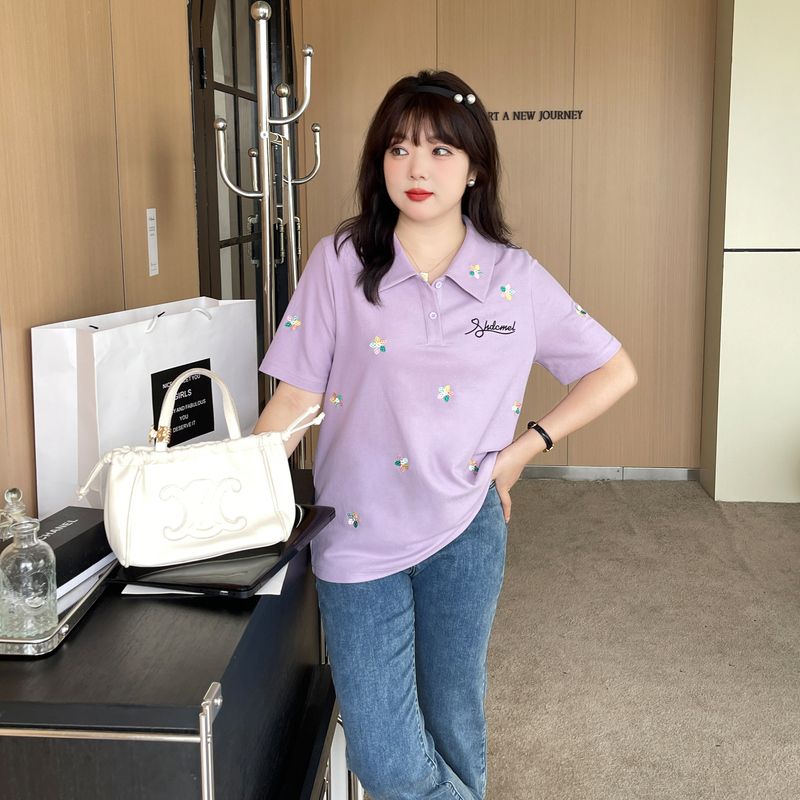 胖mm大码女装2024夏季新款Polo领针织显瘦遮肉短袖正肩大码t恤女
