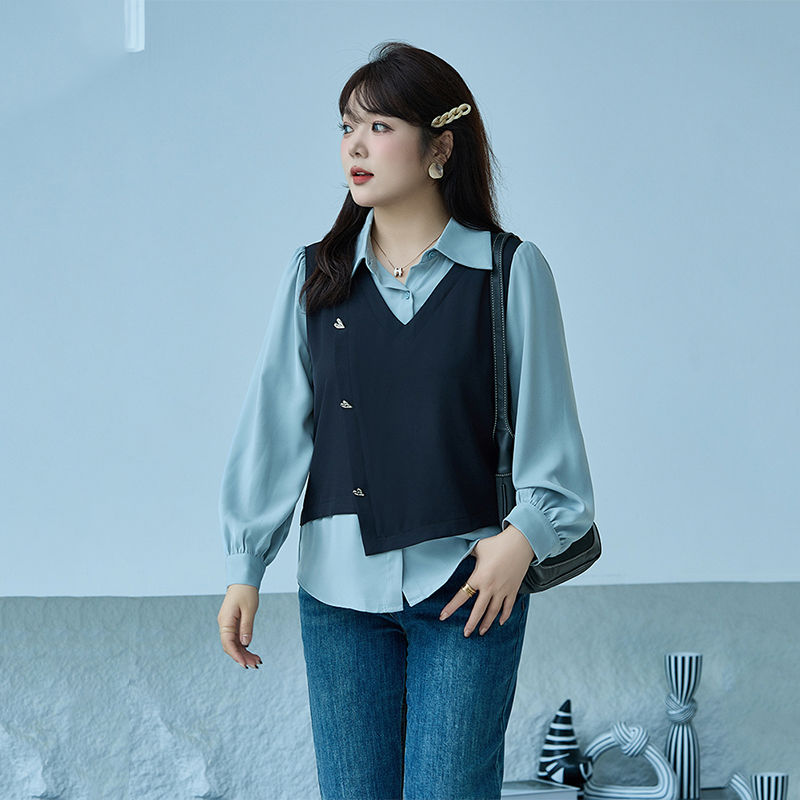 显瘦大码胖mm假两件上衣2024年秋季新款翻领套头长袖气质别致衬衫