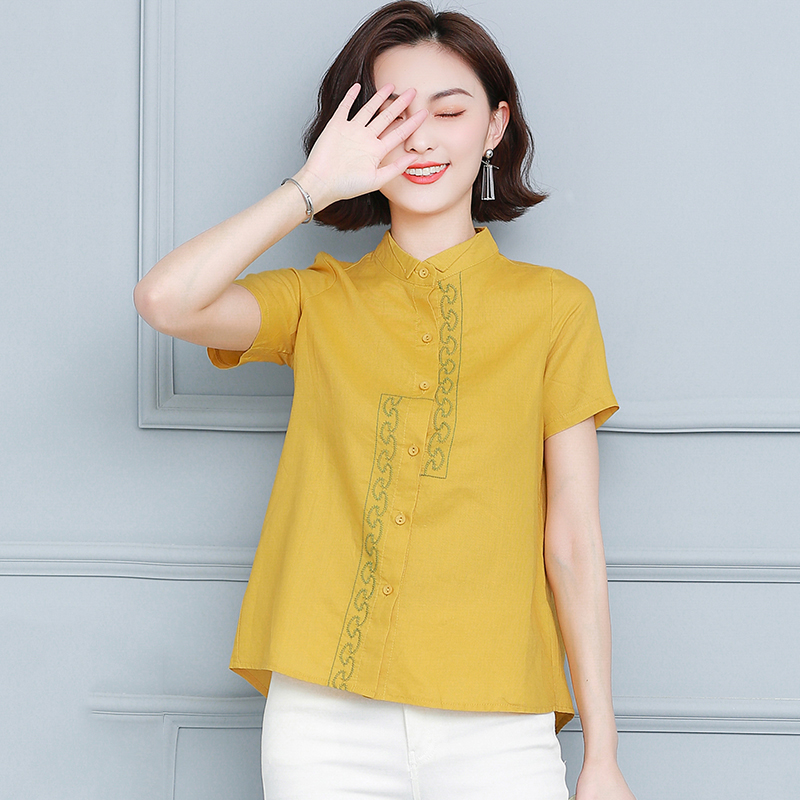 夏季新款棉麻短袖上衣宽松刺绣衬衫短款小衫显瘦立领t恤女