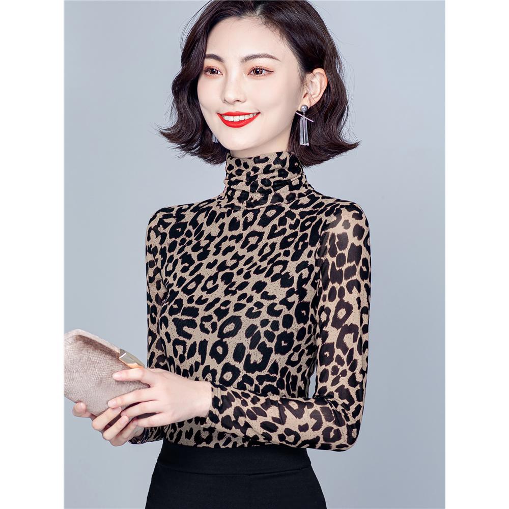高领时尚豹纹网纱修身上衣加绒加厚打底衫女秋冬内搭大码妈妈小衫
