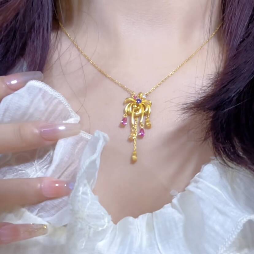 铜合金项链 653爆闪烟花项链女 新中式国潮风流苏白日焰火锁骨链