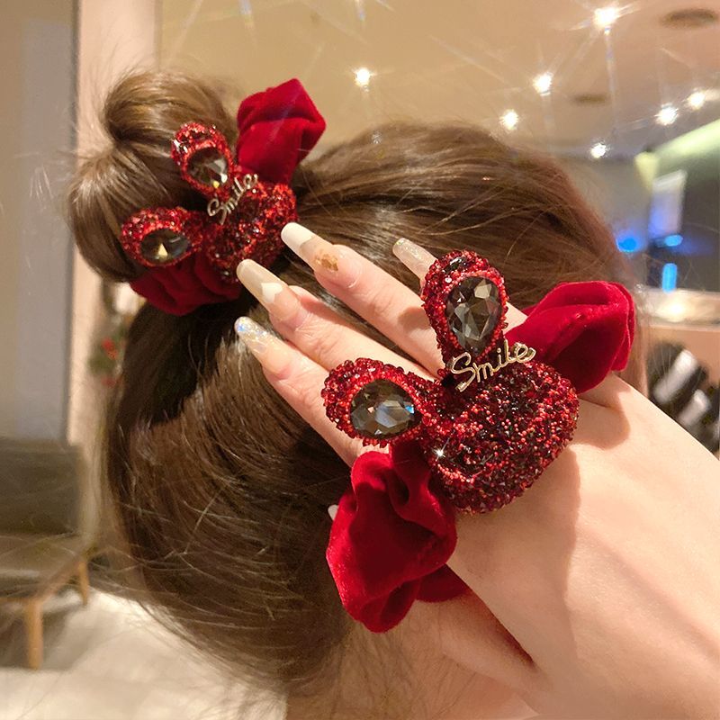 新年红色丝绒兔子发圈细闪高弹力橡皮筋大肠皮套精致可爱头绳发饰