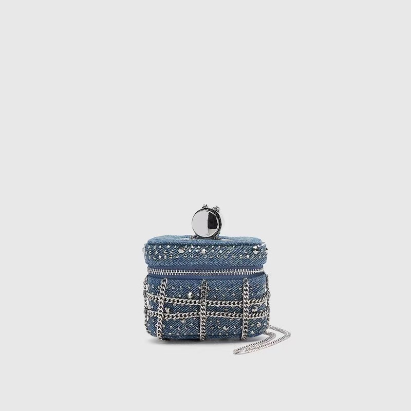 迷你斜挎包女2025新款欧美牛仔钻单肩包耳机口红盒子链条小方包