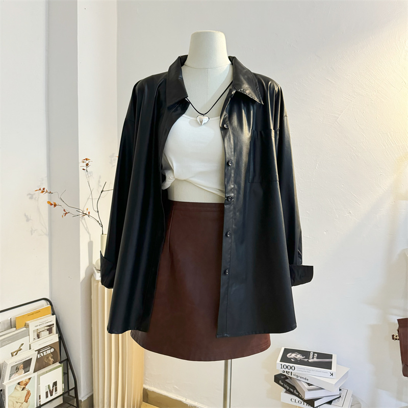 复古黑色洗水PU皮衬衫女2024秋冬设计感宽松港风休闲气质衬衣外套