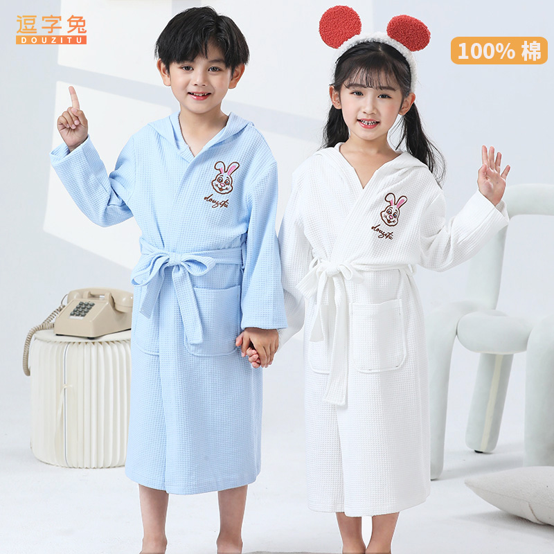 儿童纯棉薄款睡衣夏季中大童连帽腰带睡袍长款宝宝卡通浴袍家居服