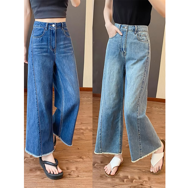 大码毛边直筒牛仔裤春秋季新款胖mm小个子高腰宽松显瘦九分阔腿裤
