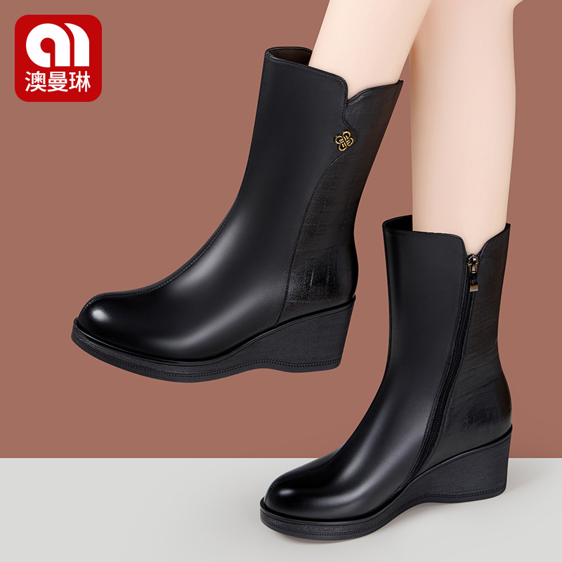坡跟舒适中筒靴女2024秋冬新款真牛皮保暖圆头百搭中老年妈妈靴子