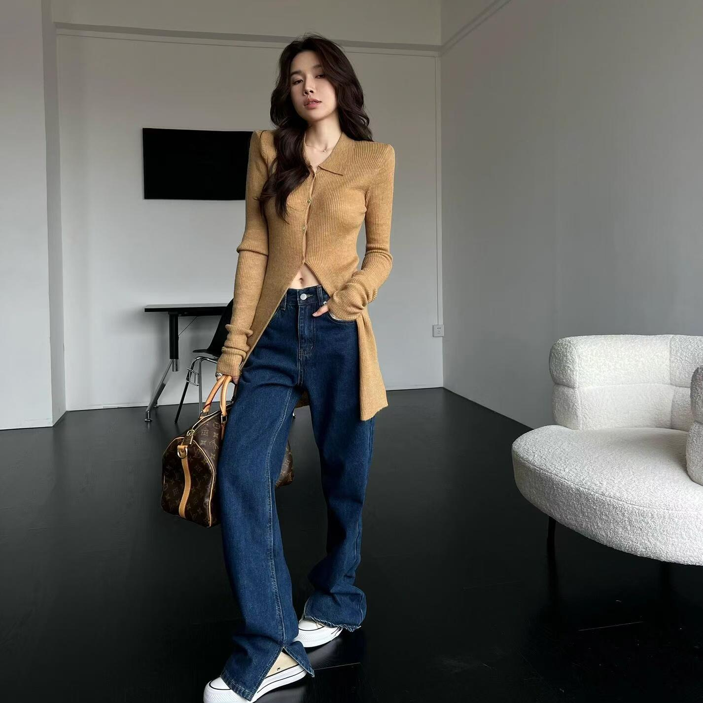 法式polo领掐腰长袖针织上衣女春季新款内搭中长款高级感毛衣开衫