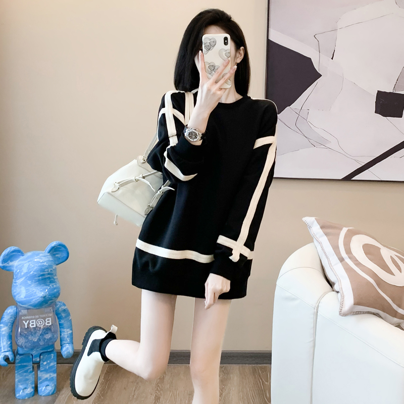 网红黑色大码卫衣女2025春季新款时尚撞色宽松版圆领长袖上衣外套