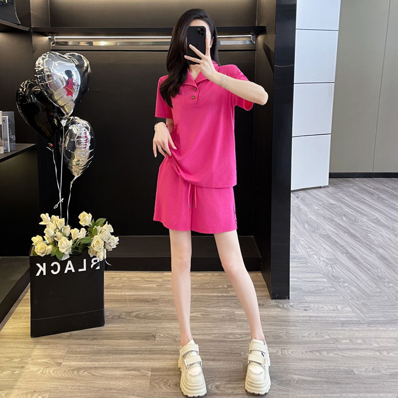 网红爆款夏季新款玫红色短袖短裤时尚2025减龄运动休闲套装女
