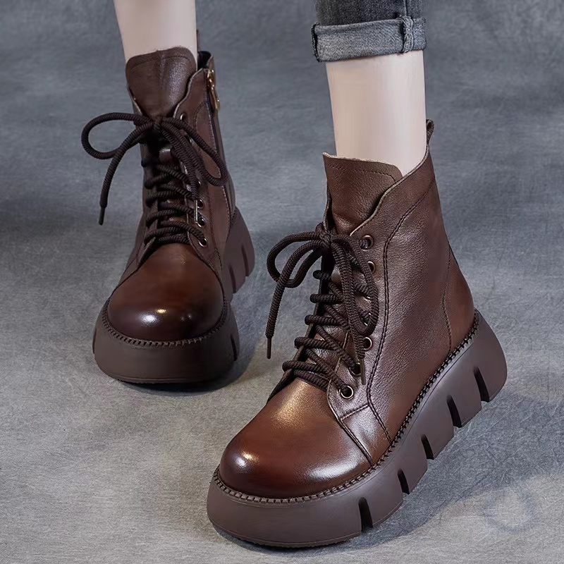 纯牛皮系带马丁靴女厚底2025秋冬新款复古真皮马丁靴圆头松糕短靴