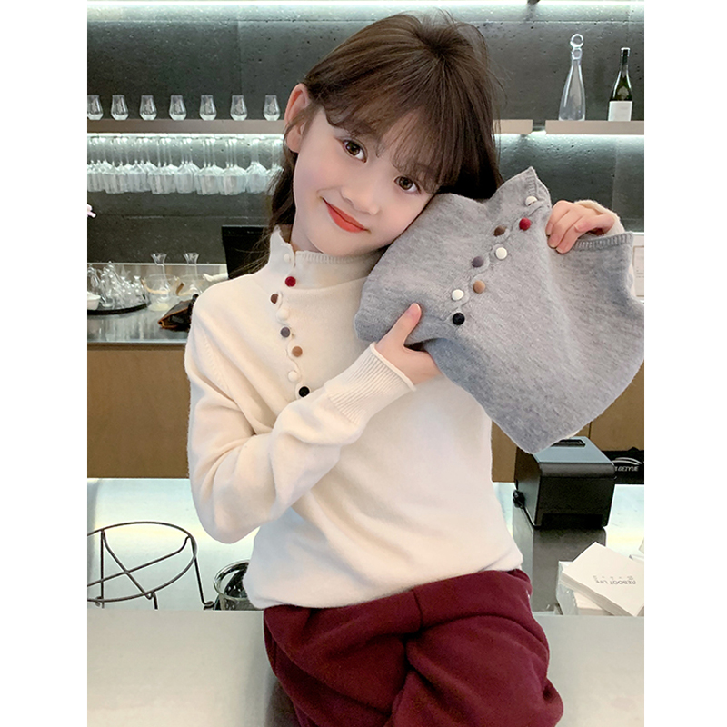 韩国童装女童高领彩色纽扣毛衣秋冬女宝宝宽松软糯套头针织打底衫