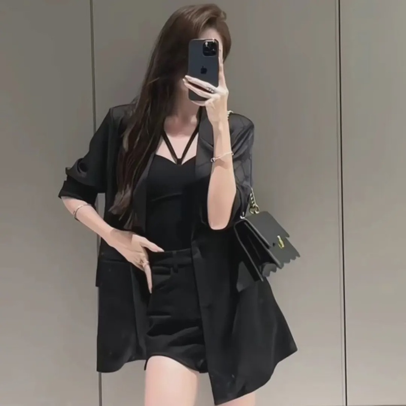 御姐风气质时尚印花西装外套宽松韩版衬衫+背心+显瘦短裤女