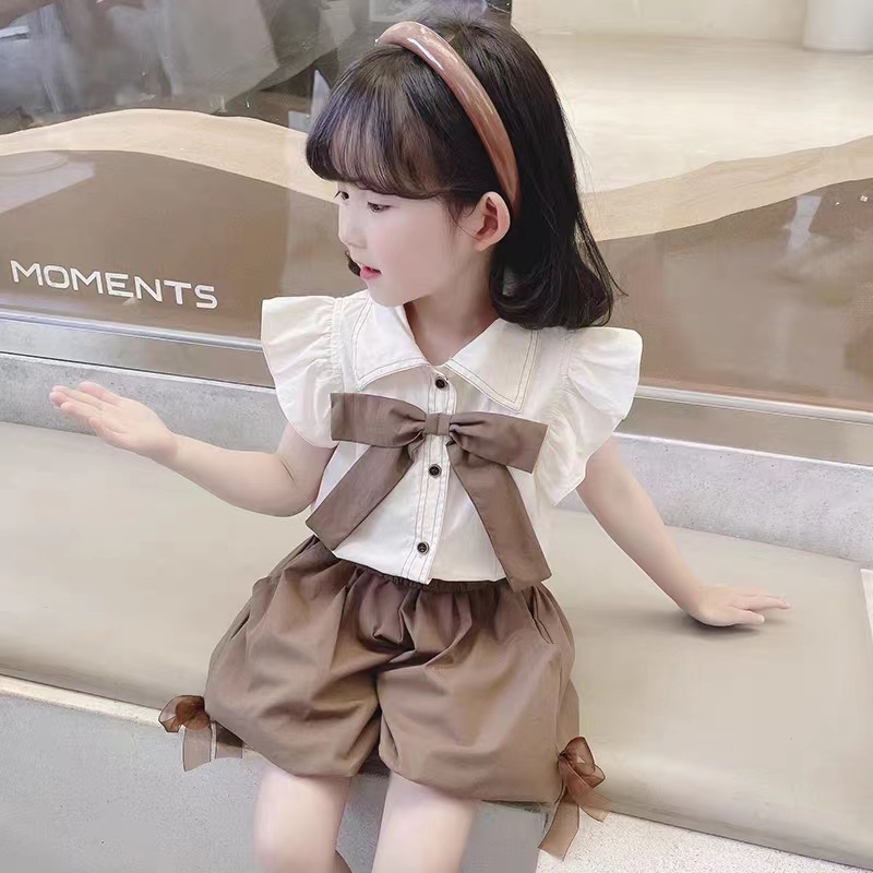 女童花苞裤套装制服飞袖衬衫学院风一整套小女孩夏装两件套202309