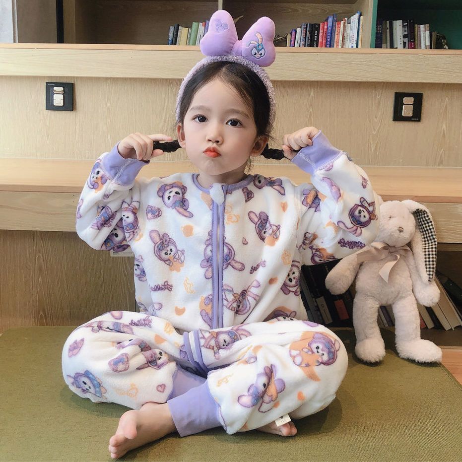 儿童法兰绒睡袋秋冬款宝宝分腿防踢被神器女童连体加厚珊瑚绒睡衣