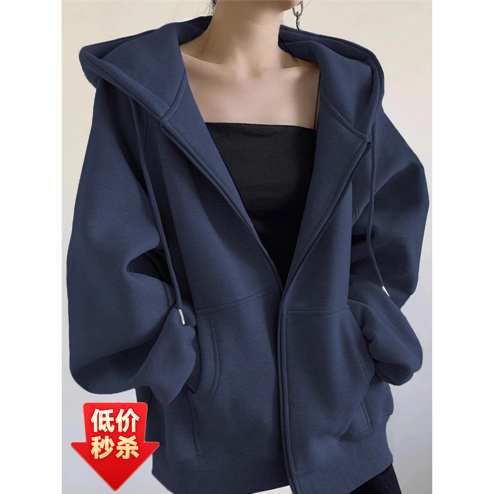 亚马逊韩版连帽卫衣秋新款高街运动休闲宽松加绒加厚开衫拉链外套