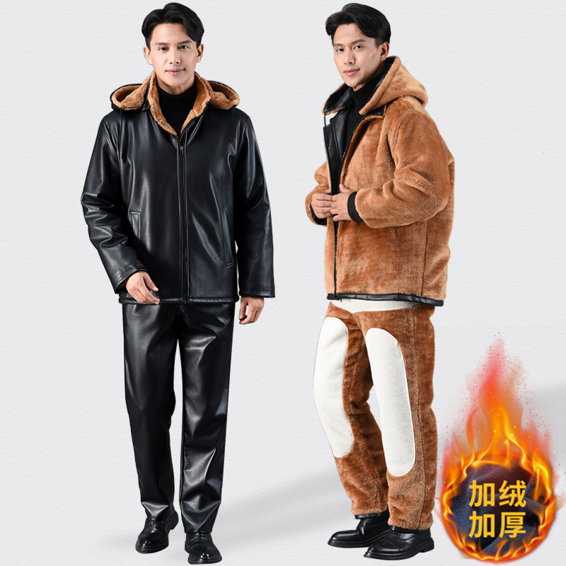 冬季款防风防水皮衣皮裤套装男士代驾摩托骑行服加绒加厚保暖外卖