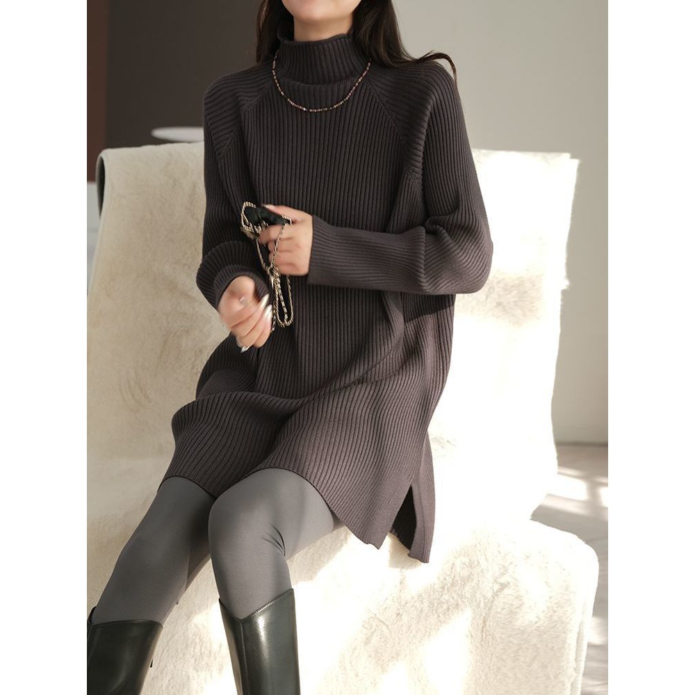 毛衣女中长款盖屁股秋冬半高领宽松显瘦内搭配大衣打底针织连衣裙