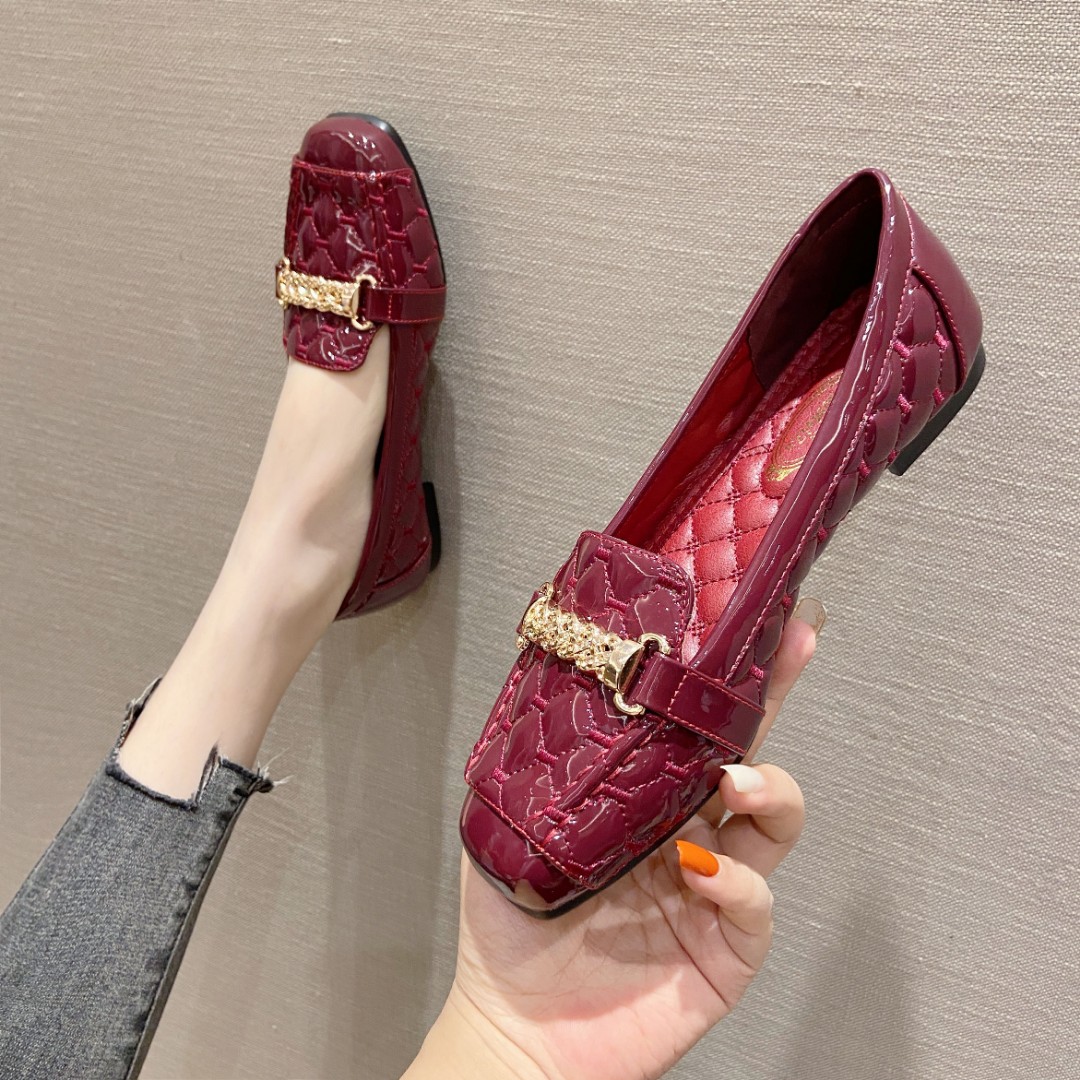 溯源好物春秋冬软底方头大码豆豆鞋小香风浅口百搭漆皮方扣单鞋5