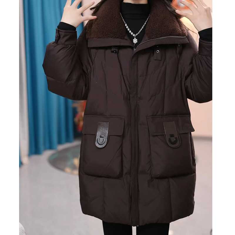 时尚大毛领气质保暖羽绒服女士中长款冬季韩版宽松加厚白鸭绒外套