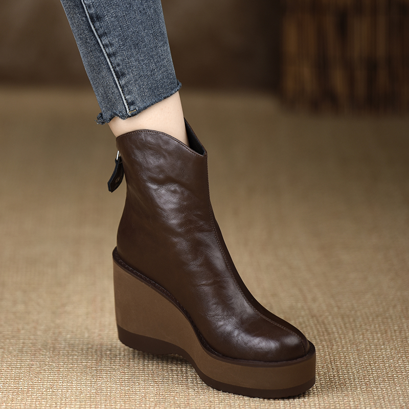 秋冬松糕底鞋9cm厚底坡跟短靴女后拉链高跟防水台西部靴子不累脚