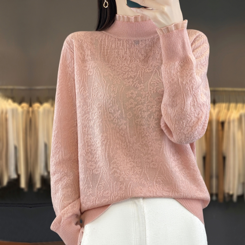 胖mm秋冬大码半高领女士宽松毛衣2024新款洋气内搭蕾丝针织打底衫