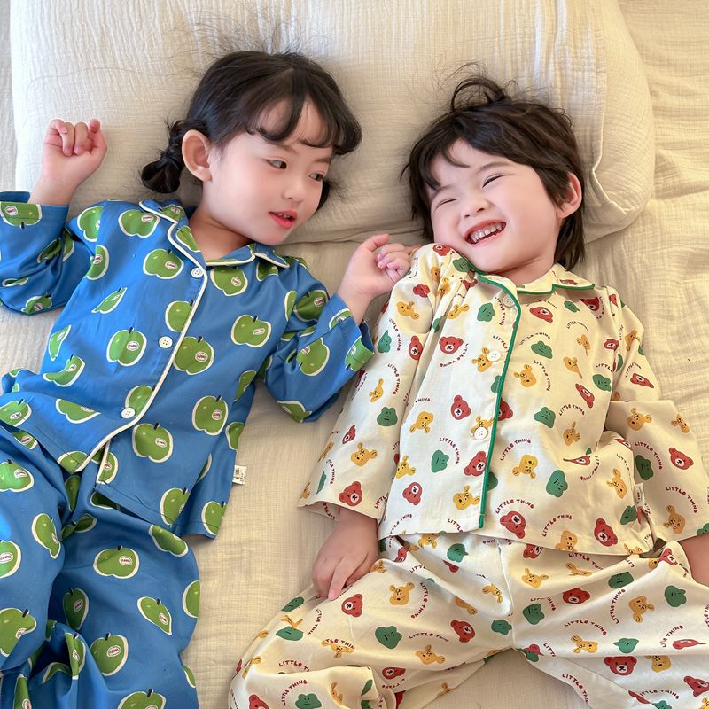 儿童a类家居服男孩女孩宽松睡衣春秋季100棉长袖长裤宝宝开衫套装