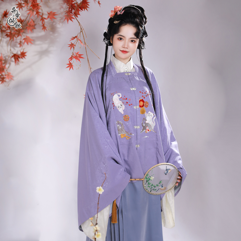 明制汉服大袖衫对襟萌猫萌虎立领刺绣复古风无毛领单件外套春秋