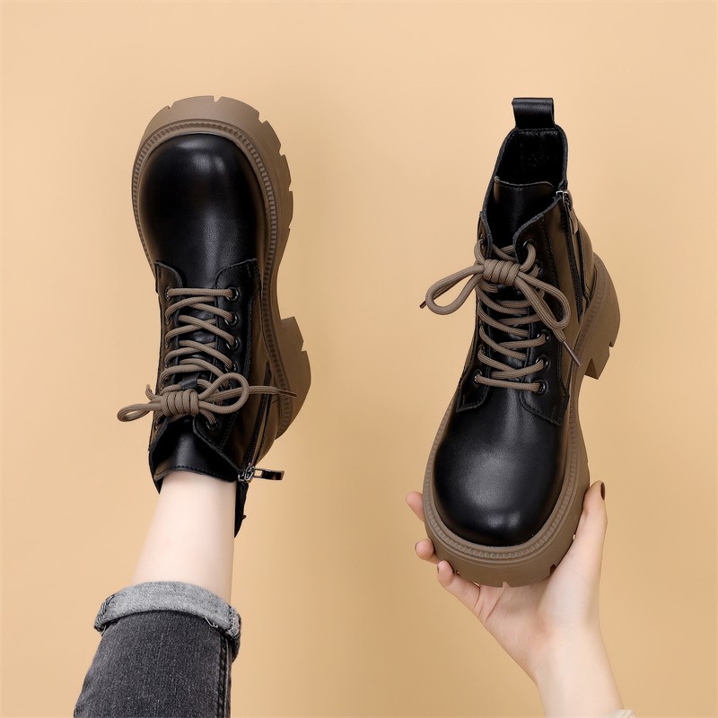 显脚小马丁靴女英伦风2025秋冬季加绒新款真皮厚底小个子炸街短靴