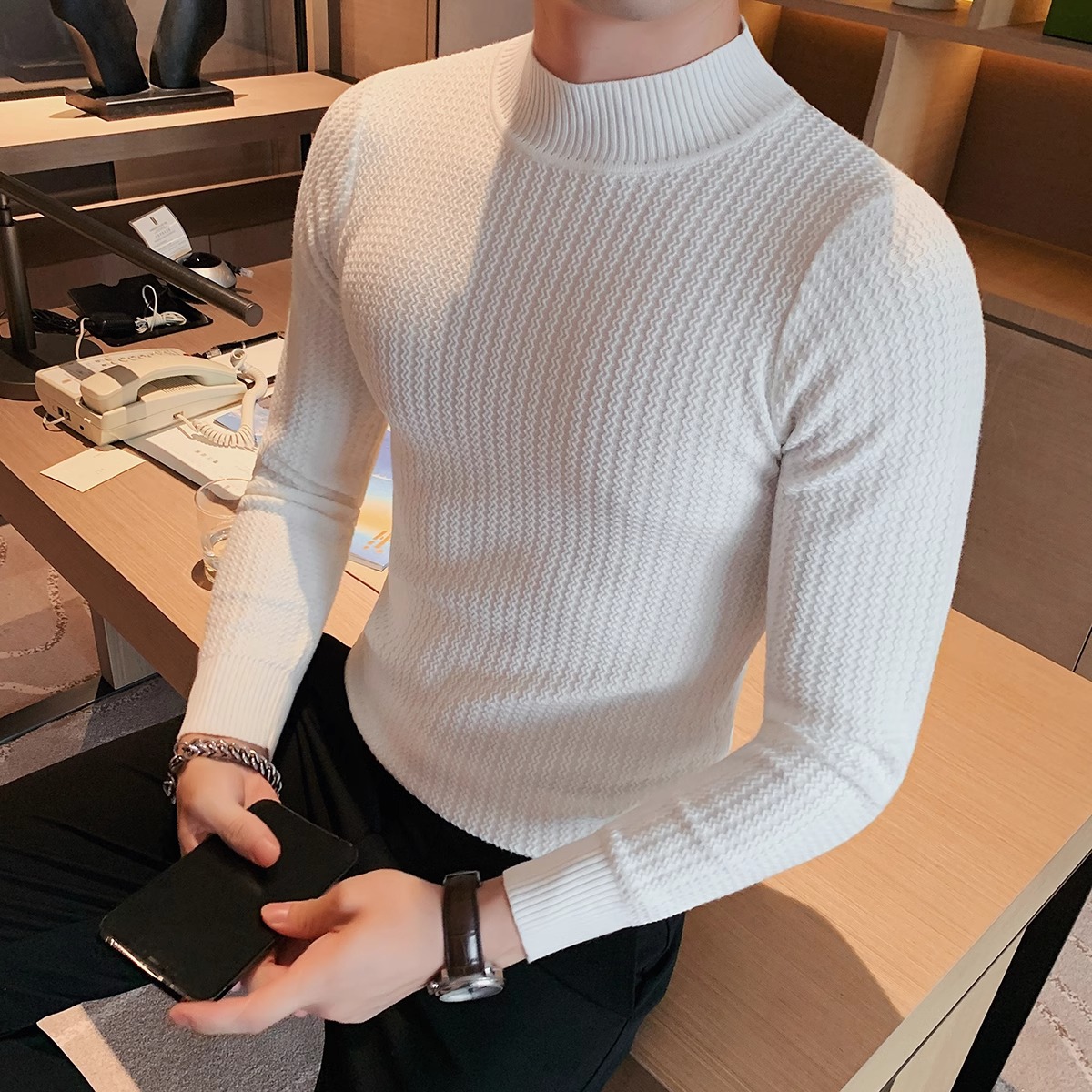半高领毛衣男潮牌纯色内搭打底衫秋冬潮流修身波浪条纹中领针织衫