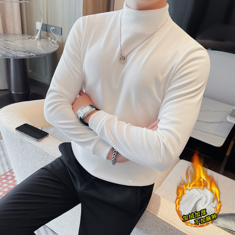 加绒加厚白色t恤男长袖秋冬季半高领紧身打底衫韩版修身中领体恤