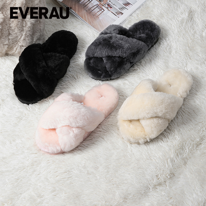EVERAU交叉羊毛皮毛一体棉拖鞋外穿百搭防滑保暖棉拖露趾EA2047