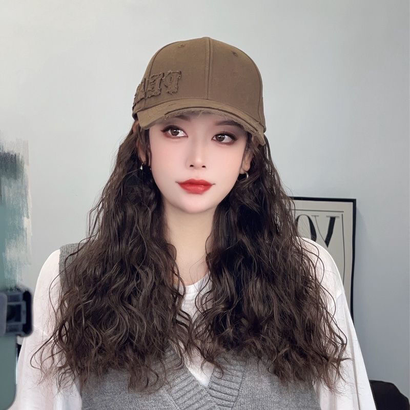 羊毛卷连帽假发棒球帽假发一体女羊毛卷长卷发自然逼真连帽假发帽