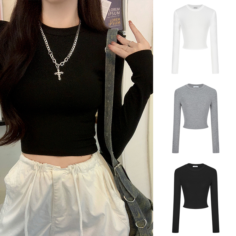 Moses Queen/魔西女王白色正肩短款打底衫女内搭高腰t恤长袖上衣