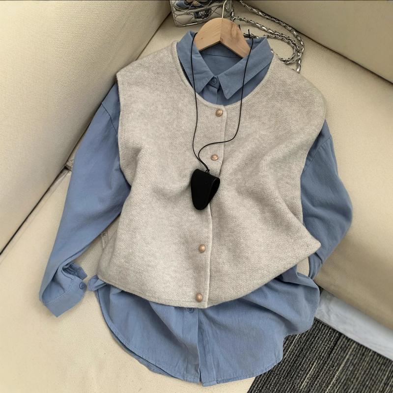 韩系复古蓝色翻领高级感衬衫叠穿针织马甲背心ins秋季上衣两件套