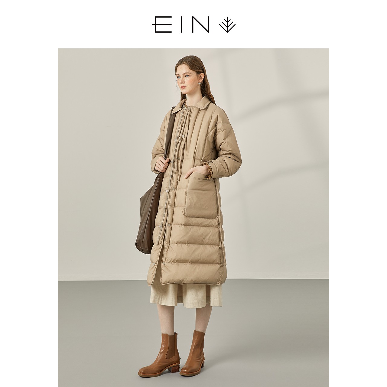 EIN/言25冬文艺复古气质轻暖休闲排扣中长款热力感泡芙长款羽绒服
