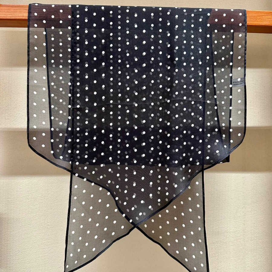 桑蚕丝单面乔其法式黑白波点170*32长斜角巾复古洋气女士黑色丝巾