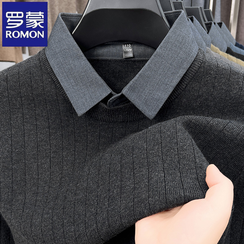 罗蒙时尚韩版纯色竖条纹假两件针织衫秋冬季新款加厚休闲长袖毛衣