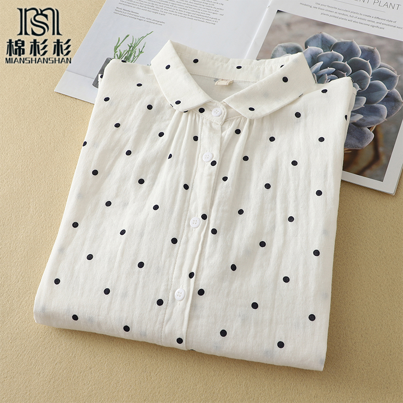 尖领 圆领 可选 双层棉纱面料 长袖圆点波点衬衫女 白色纯棉衬衣