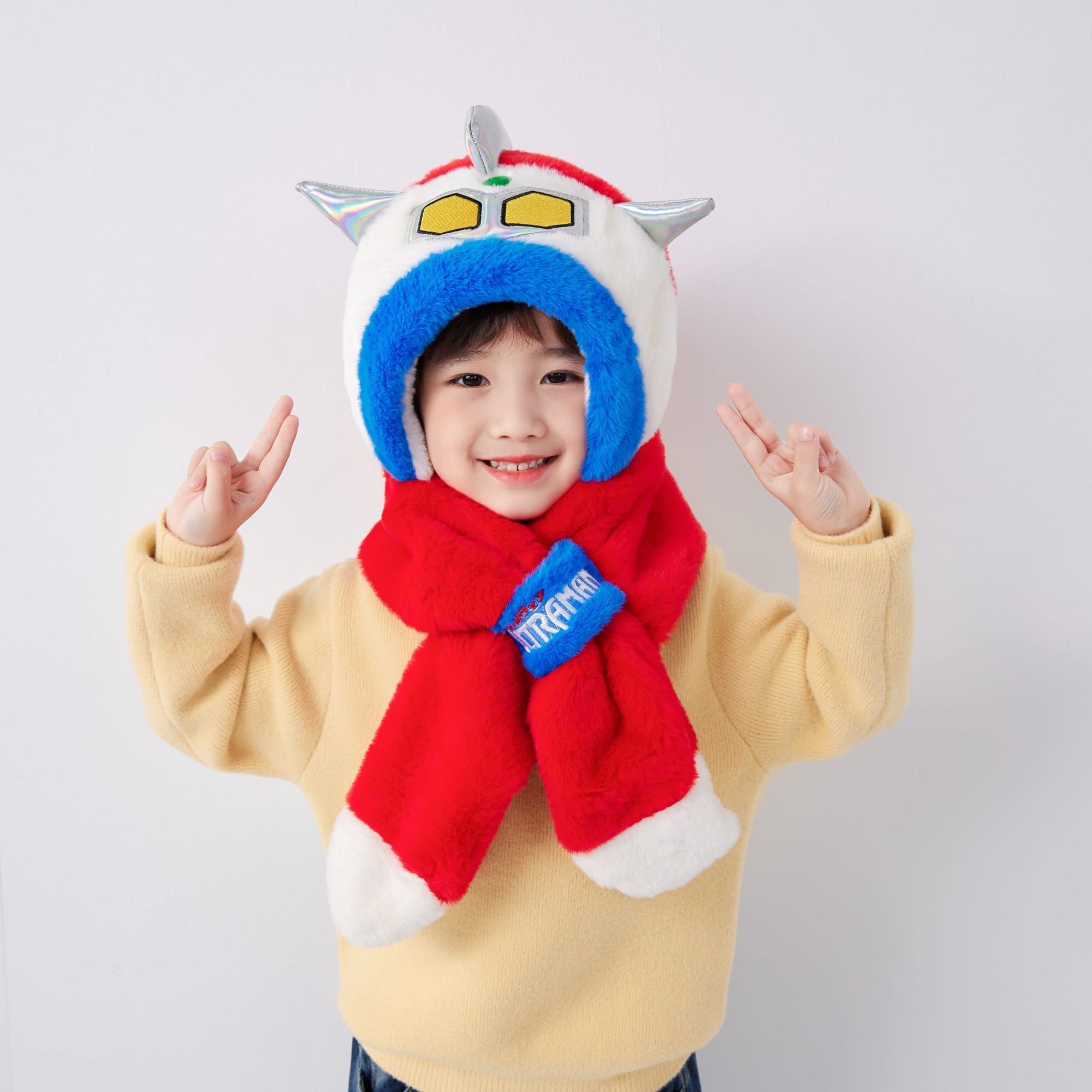 儿童奥特曼两件套毛绒帽子加绒加厚保暖卡通秋冬冬季儿童帽防风帽