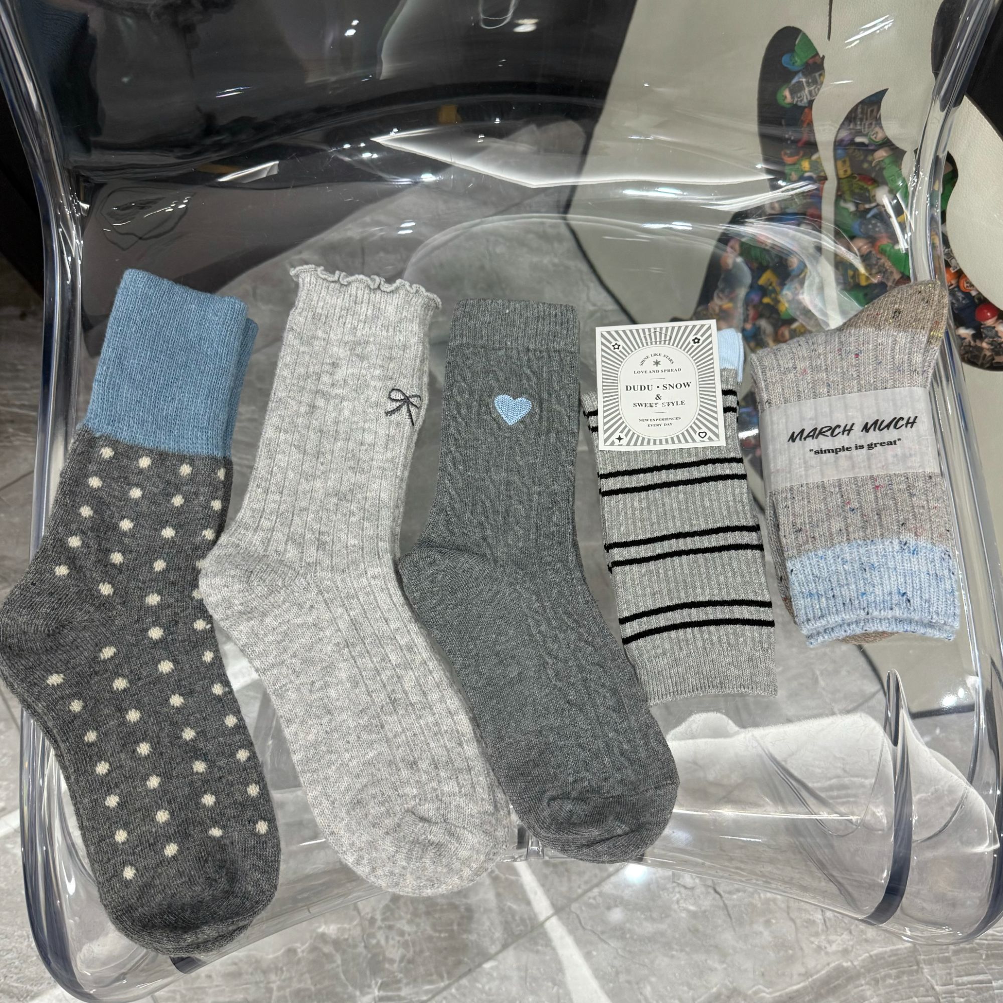 灰蓝色系东大门同款简约拼色波点中筒袜女秋冬保暖堆堆袜韩版百搭