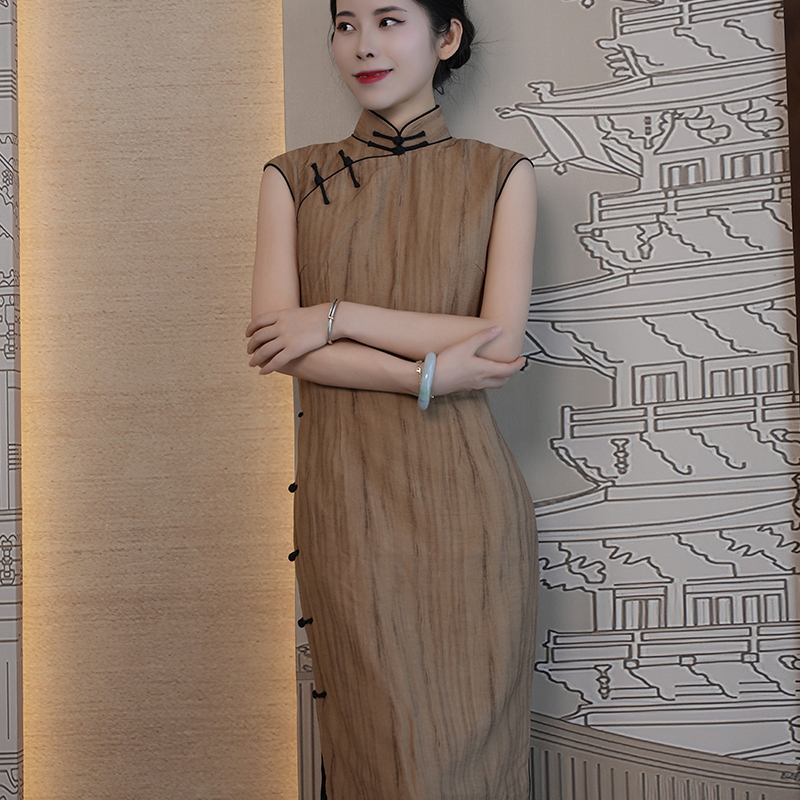 春夏旗袍人棉气质时尚百搭复古中式修身文艺民国棕美拉德色竖纹