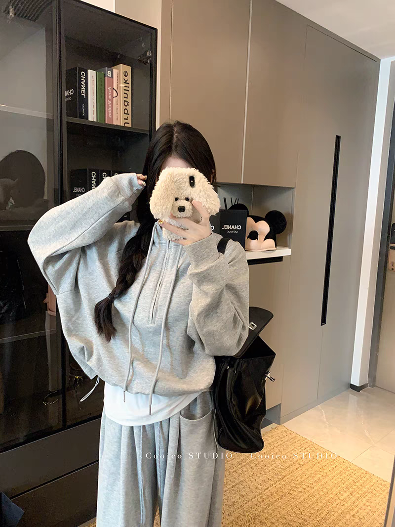 Y1095小个子定制休闲运动套装女秋冬款时尚立领卫衣窄版裤两件套