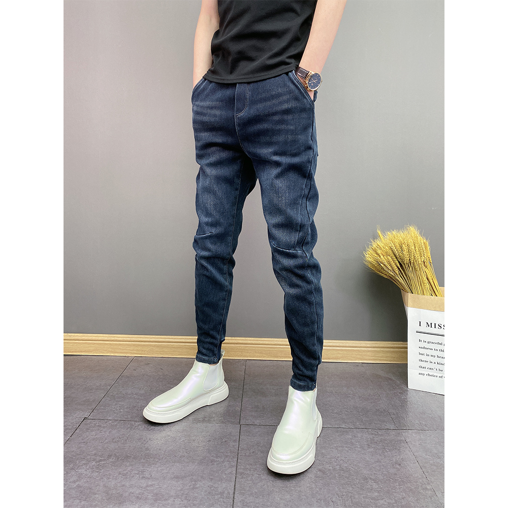 春秋季男士潮牌百搭修身束脚加绒加厚百搭潮流高级休闲小脚牛仔裤