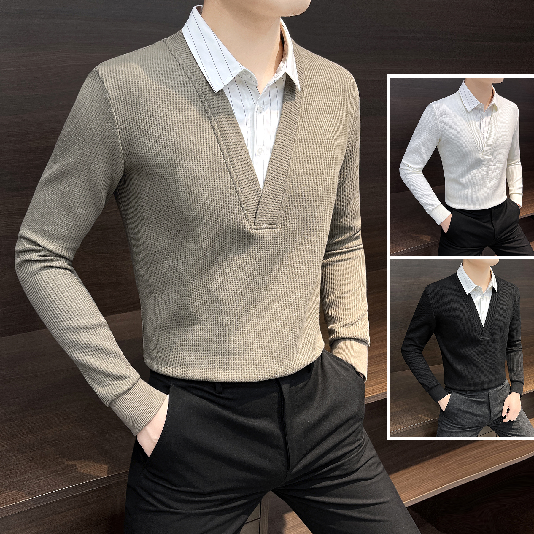 假两件卫衣男款爆款2025新款秋季款男装衬衫领V领条纹针织衫毛衣