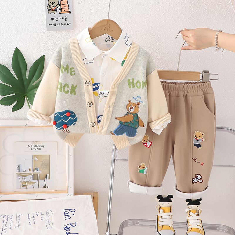 男童春秋季套装新款洋气男宝宝秋装卡通毛衣开衫三件套婴儿童装潮