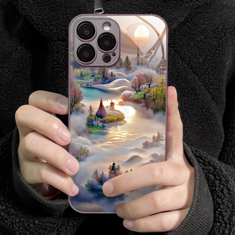 适用苹果15/华为/小米/oppo/vivo高级唯美河流风景潮流玻璃手机壳